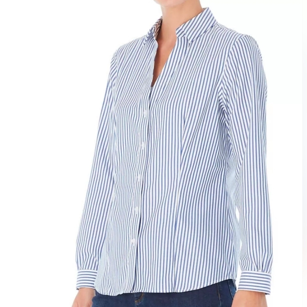Navy and White Vertical Stripe Button-Down Collared Shirt
